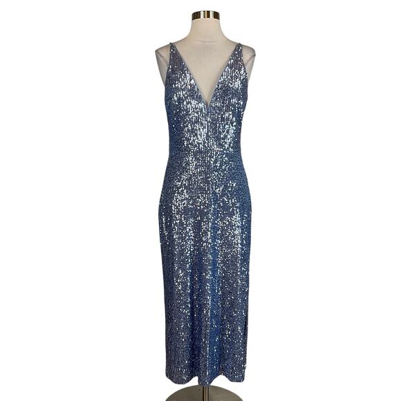 XSCAPE Sequined Midi Sheath Cocktail Dress Blue Size 6 Sleeveless V-Neck - Picture 1 of 14